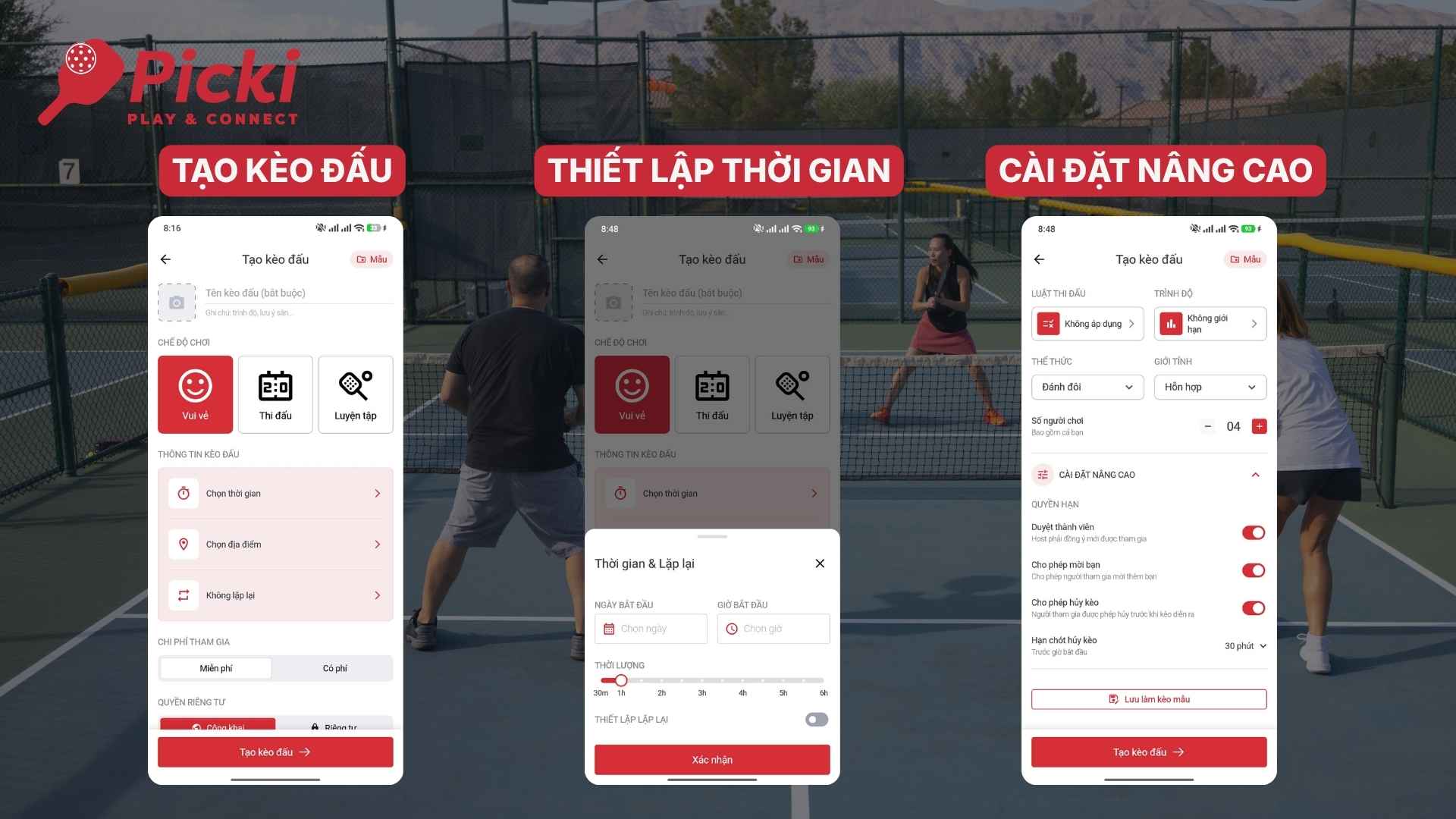 Hướng dẫn cách tìm bạn chơi và ghép kèo Pickleball trên app Picki