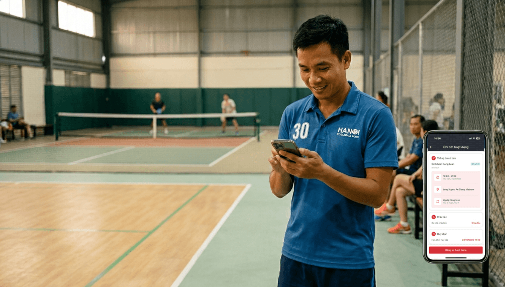 Thành viên CLB pickleball check-in và theo dõi lịch thi đấu qua Picki